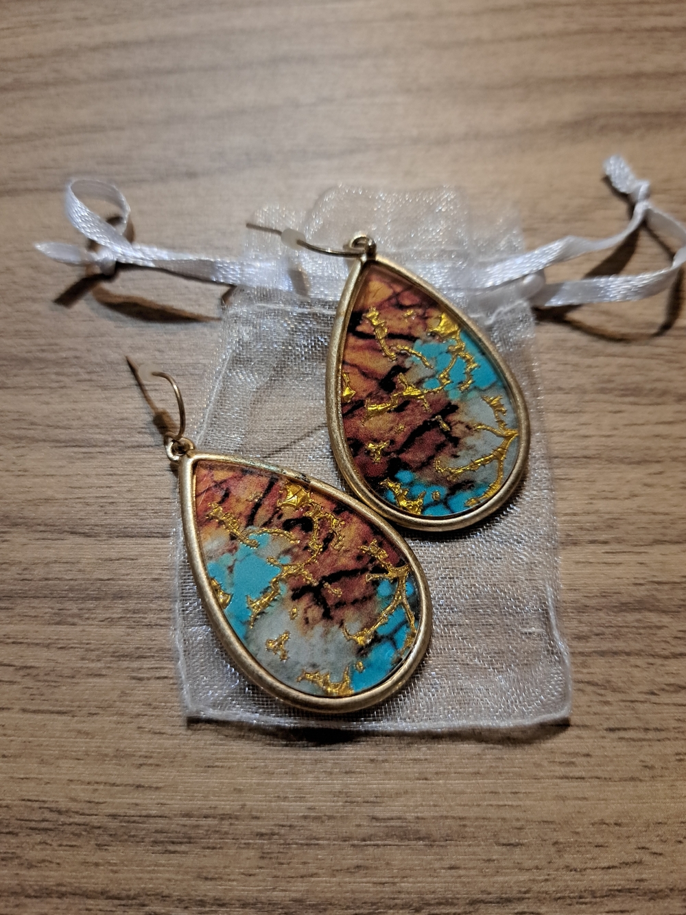 Gold-Trim Teardrop Turquoise & Brown Women's Earrings